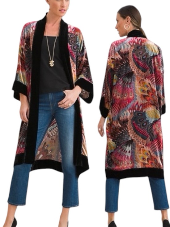 Chico's Sweaters - Chico's Travelers Peacock Velvet Burnout Duster Kimono